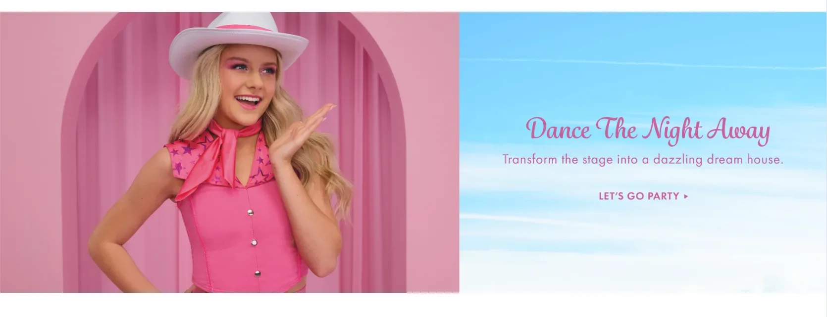 Weissman Dance The Night Away website banner: Barbie-themed dancer in pink western outfit against pink and blue sky