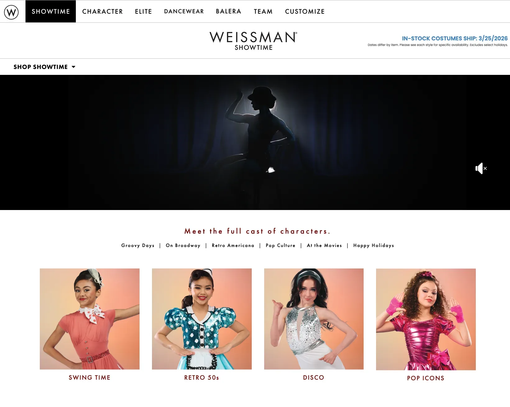 The catalog's homepage, with a cabaret silhouette hero and category tiles.