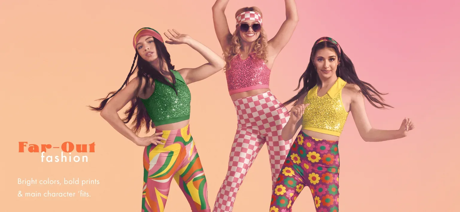 Weissman Far-Out Fashion banner: three dancers in bold geometric outfits against peach-to-pink gradient