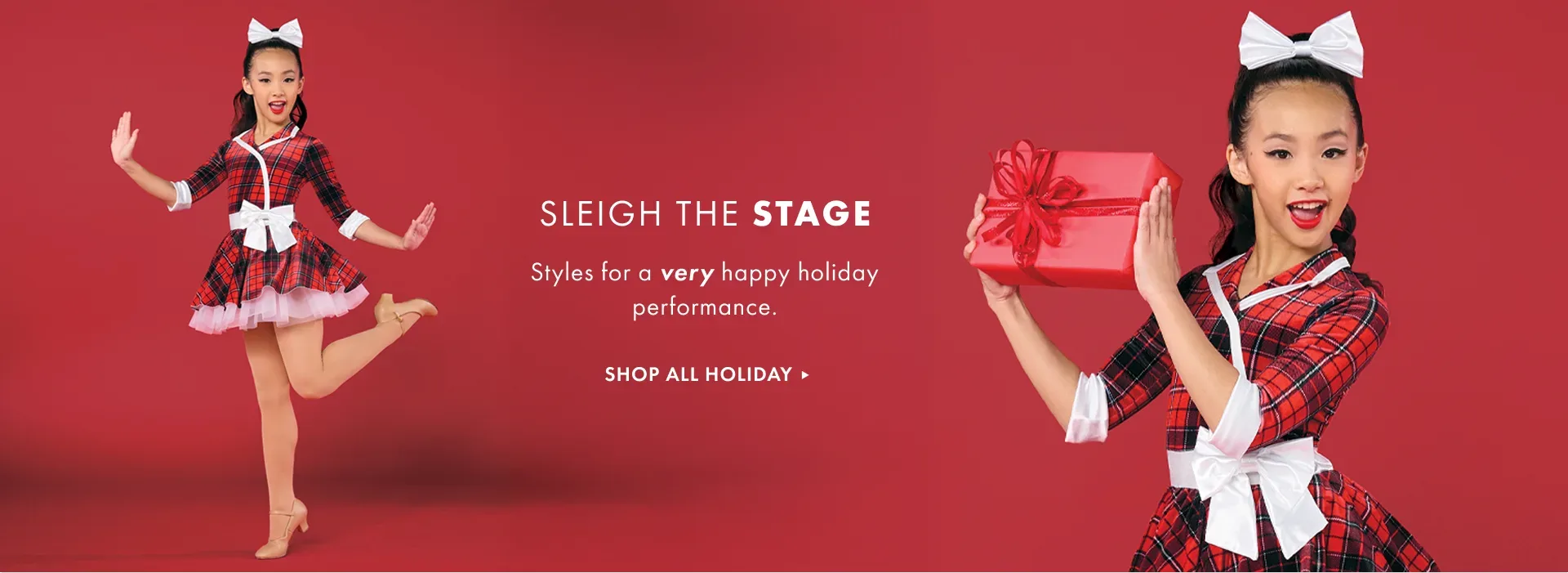 Weissman Sleigh The Stage holiday banner: performers in festive plaid and red costumes on red background