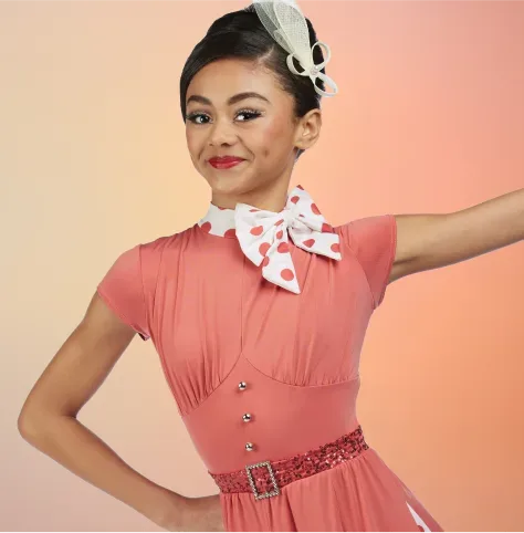 Swing Time category tile: dancer in soft pink sleeveless dress with white collar