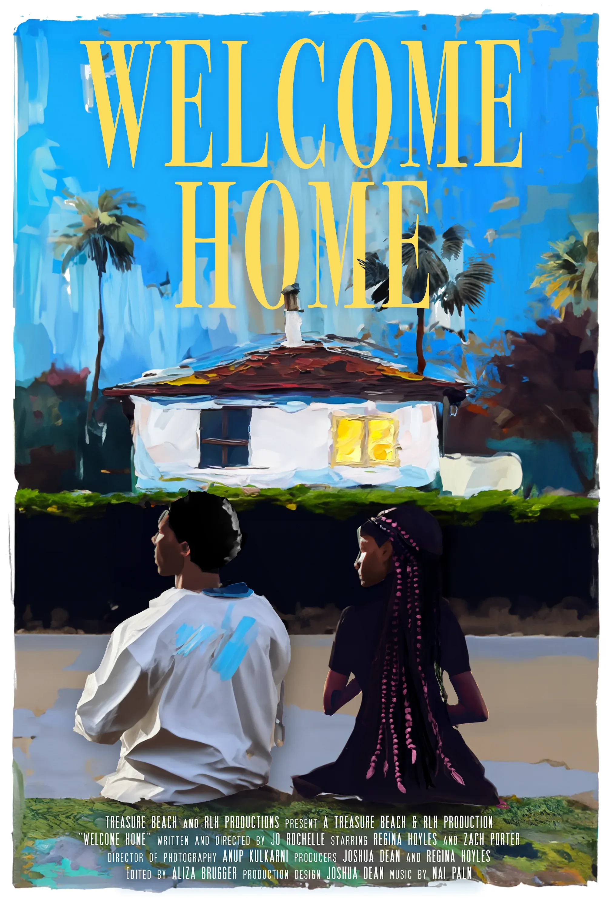 The “Welcome Home” poster: two people sitting on the grass, their backs to us, facing a white house under palm trees and a blue sky, the title in yellow above.